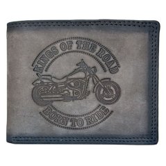 Šedá celá kožená peněženka Born to ride s motorkou s ochranou dat na kartách (RFID)