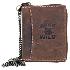 Kožená peňaženka Born to be wild so žralokom dookola na kovový zips s retiazkou a karabínkou