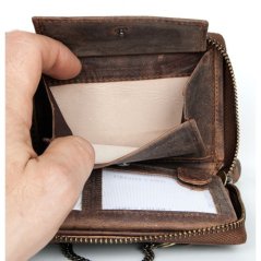 Celá kožená peněženka s býčí hlavou dokola na kovový zip s 30 cm dlouhým kovovým řetězem a karabinkou