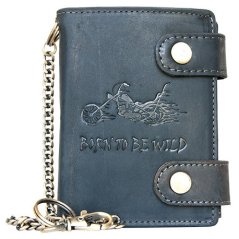 Kožená tmavě šedá peněženka Born to be wild s motorkou, se dvěma upínkami a 30 cm dlouhým  řetízkem - RFID