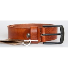 Hnědý kožený opasek 125 cm dlouhý z pevné silné kůže 38 mm široký s dekorativními prolisy a matně černou přezkou